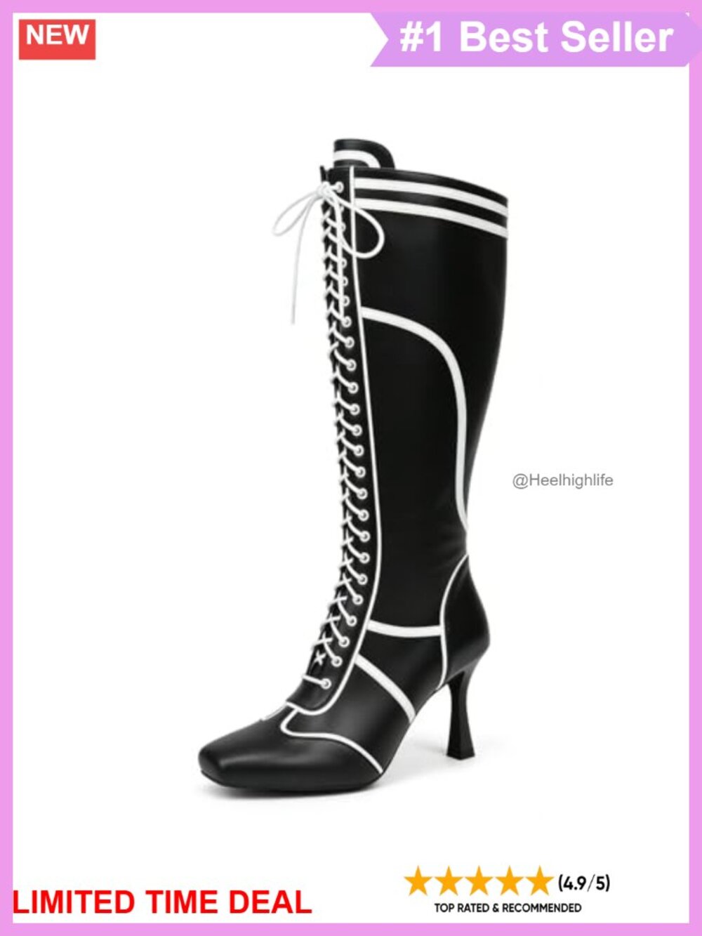 Womens Knee High Lace Up Boots Square Toe Kitten Heel Faux Leather